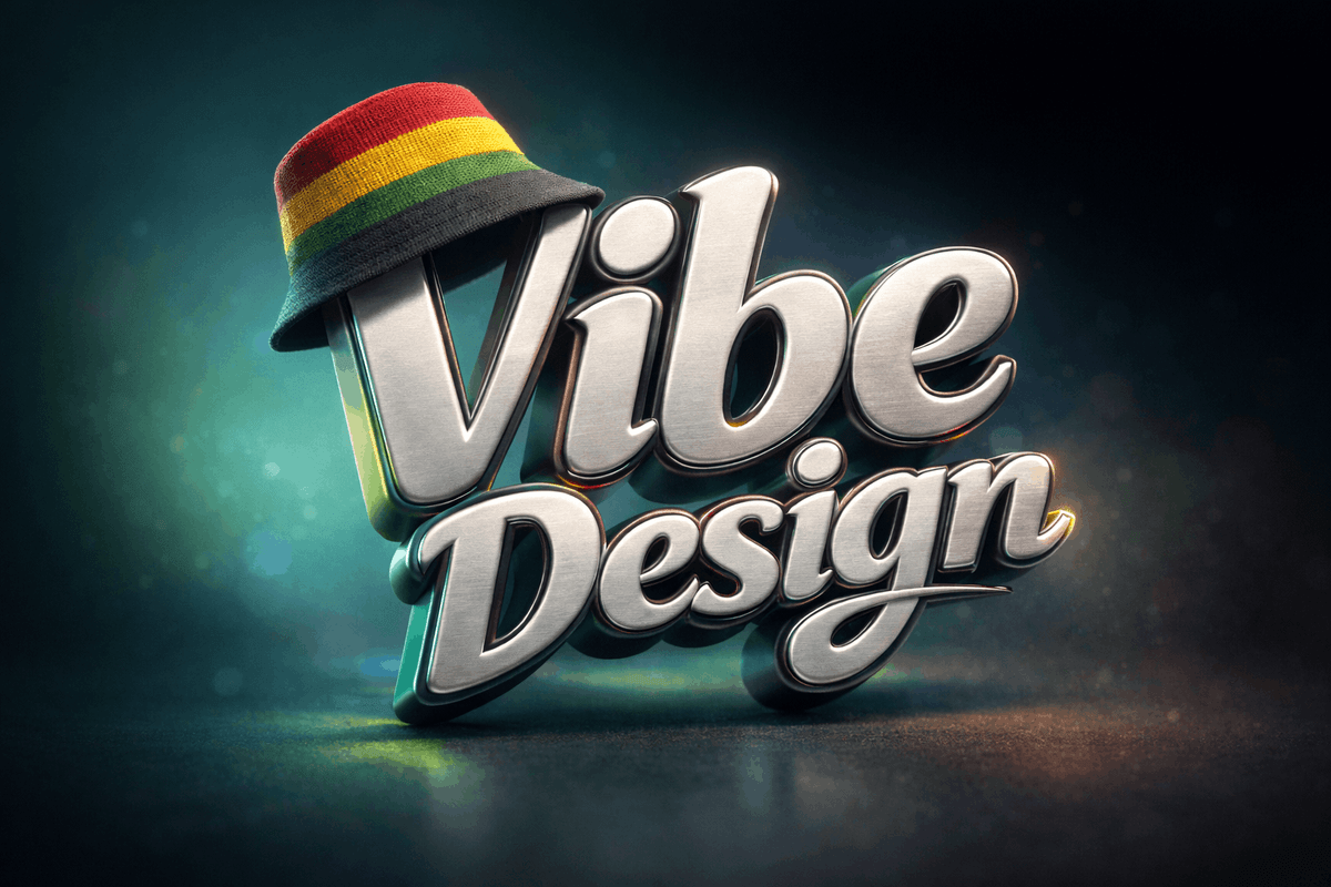 3D metallic typography spelling “Vibe Design” with a colorful striped hat, set against a dark gradient background.