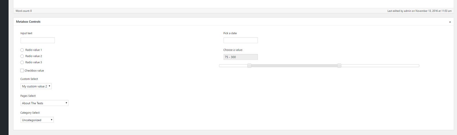 Datepicker and slider meta box control