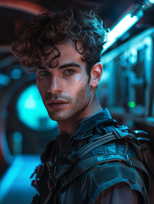 Attractive man, brown curly hair, Neo Noir blue outfit, science fiction setting, created by Midjourney AI image generated.