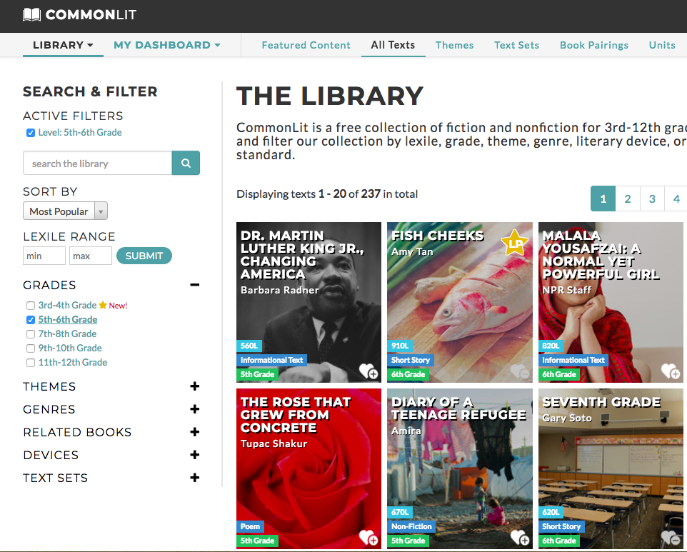 CommonLit "Library" tab open