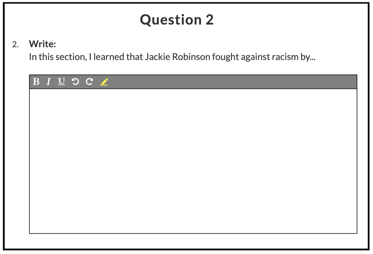 A question that says "Write: In this section, I learned that Jackie Robinson fought against racism..."