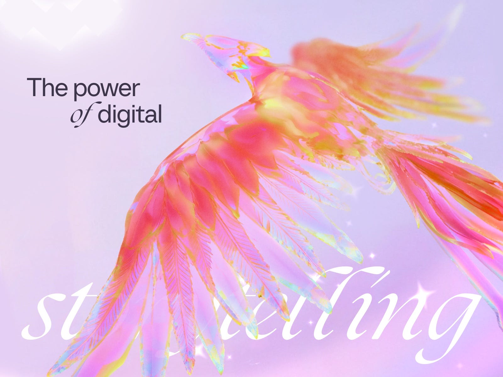 Iridescent phoenix-like bird illustration with glowing holographic feathers on a soft lavender background, promoting immersive digital storytelling