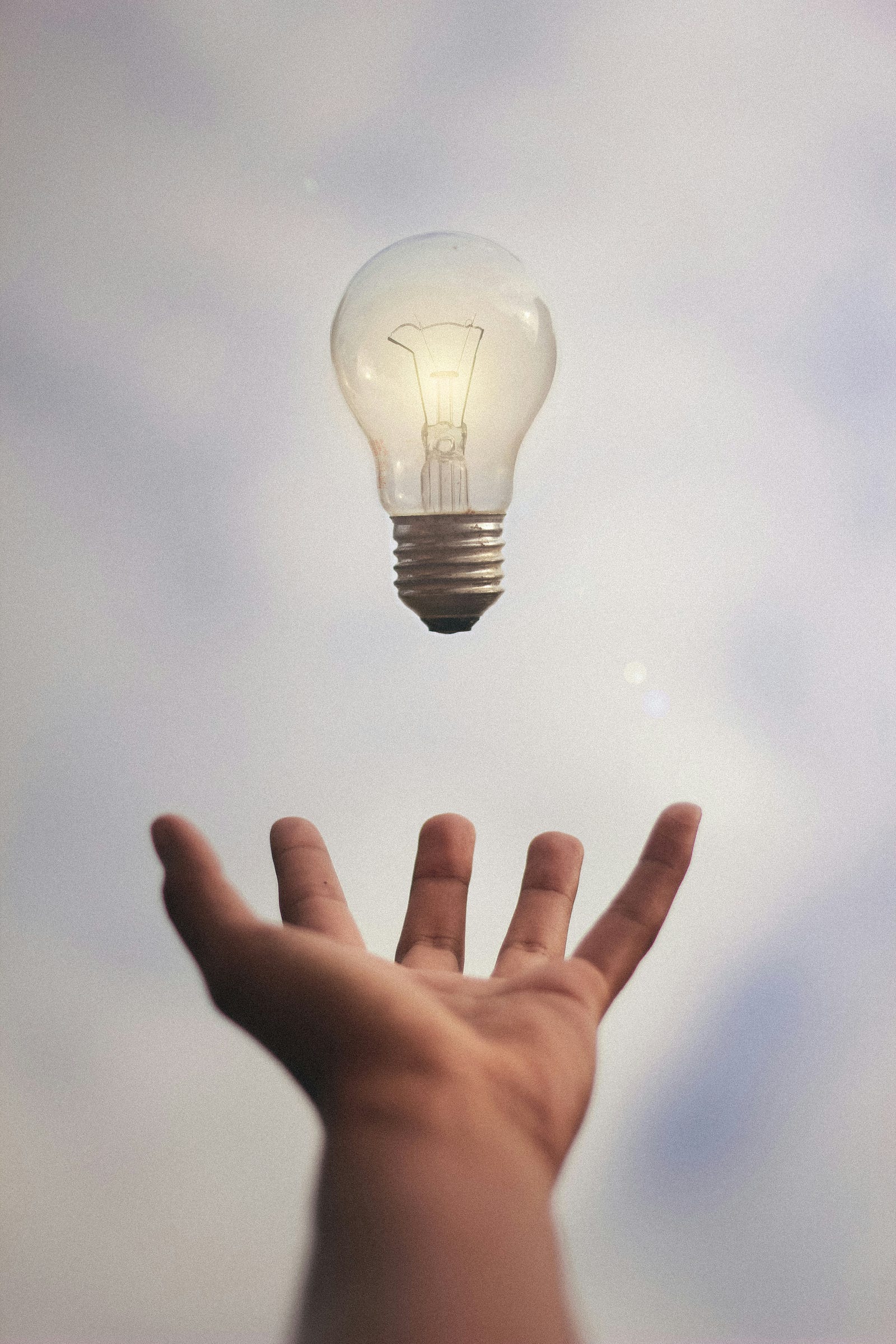 A hand throws a traditional light bulb slightly up into the air.