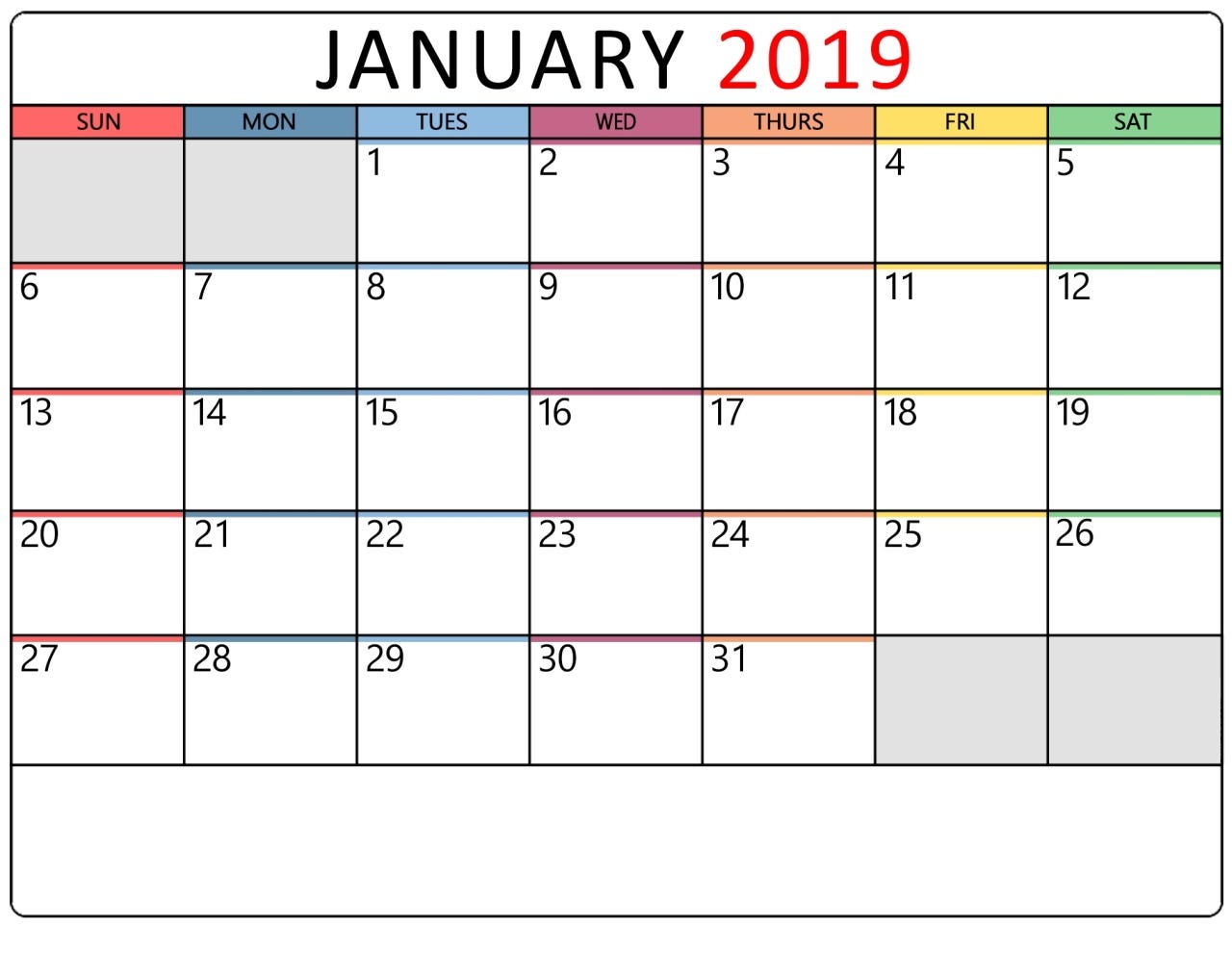 Template For January 2019 Calendar With Holidays Printable