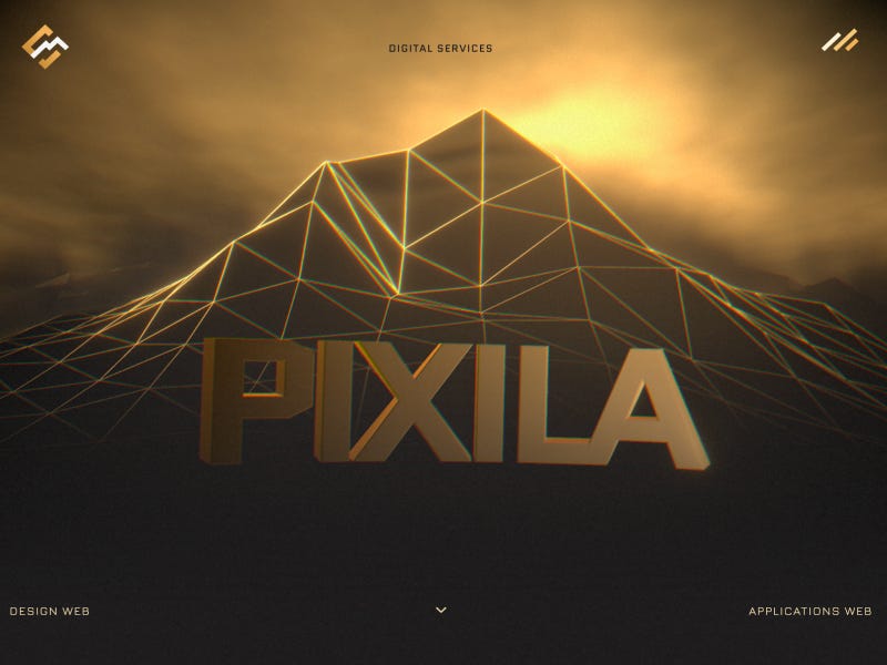 Pixila website with glowing wireframe mountain, warm golden lighting, and bold 3D “PIXILA” typography in a cinematic digital landscape