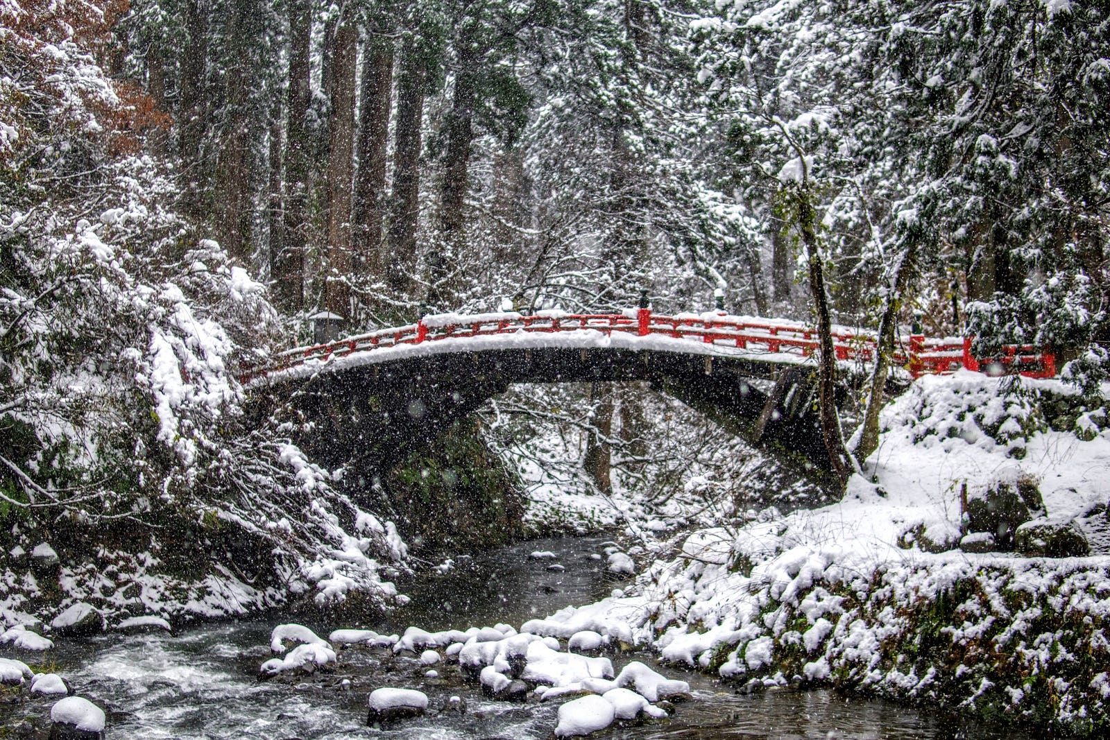 The red Shinkyo Bridge over the Haraigawa River covered in the snow of winter. Photo by Kiwi Yamabushi.