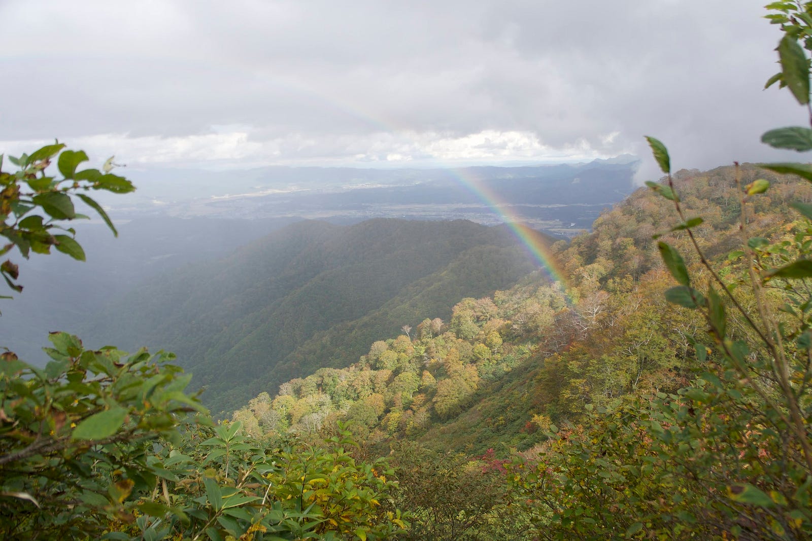 A rainbow sticks out of the forests of Murayama Ha-yama