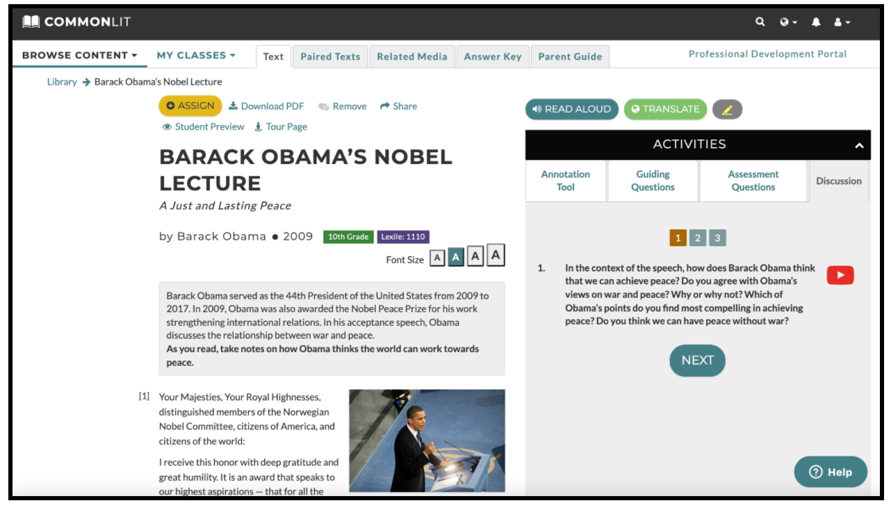 The CommonLit lesson "Barack Obama's Nobel Lecture."