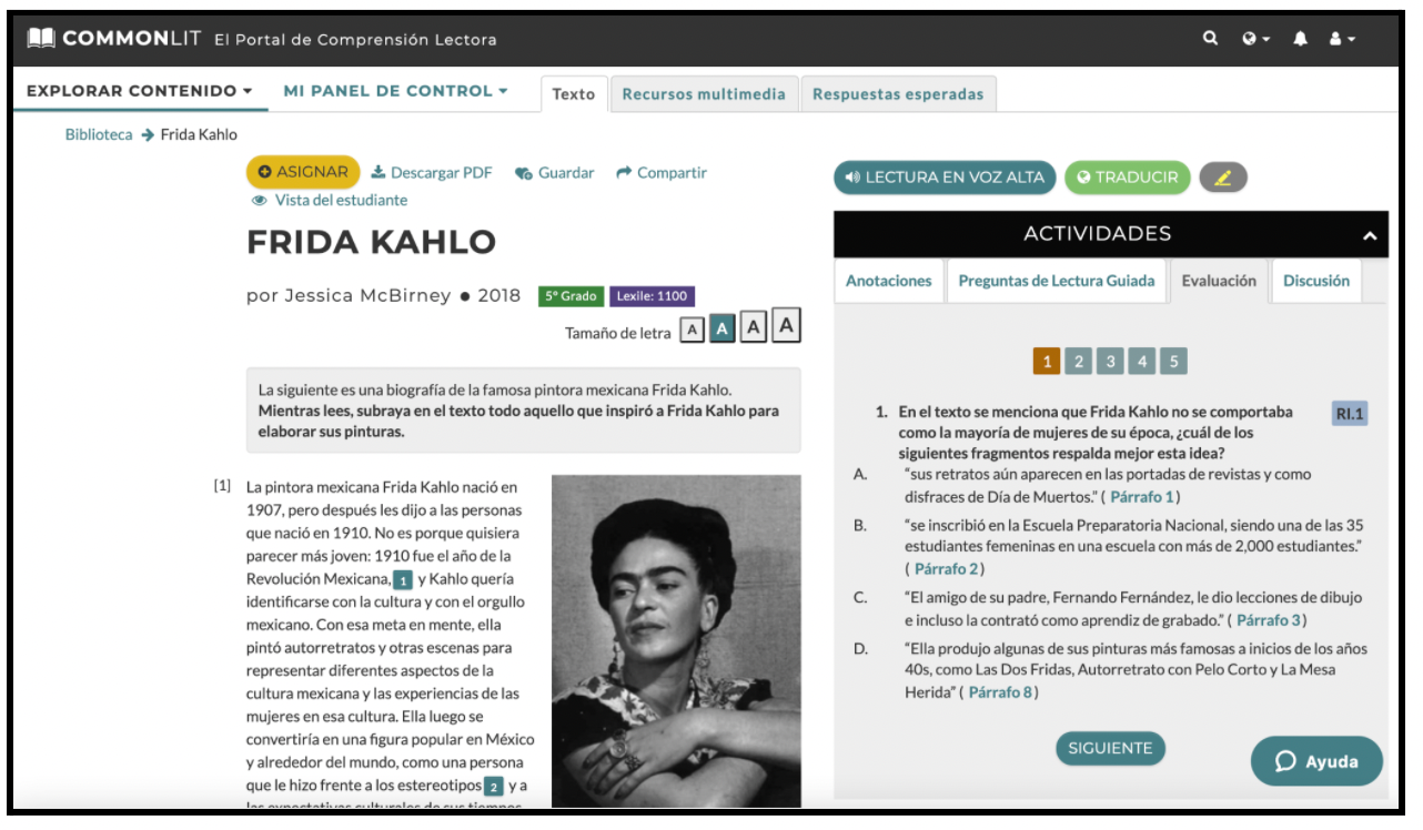 The CommonLit Español lesson "Frida Kahlo."