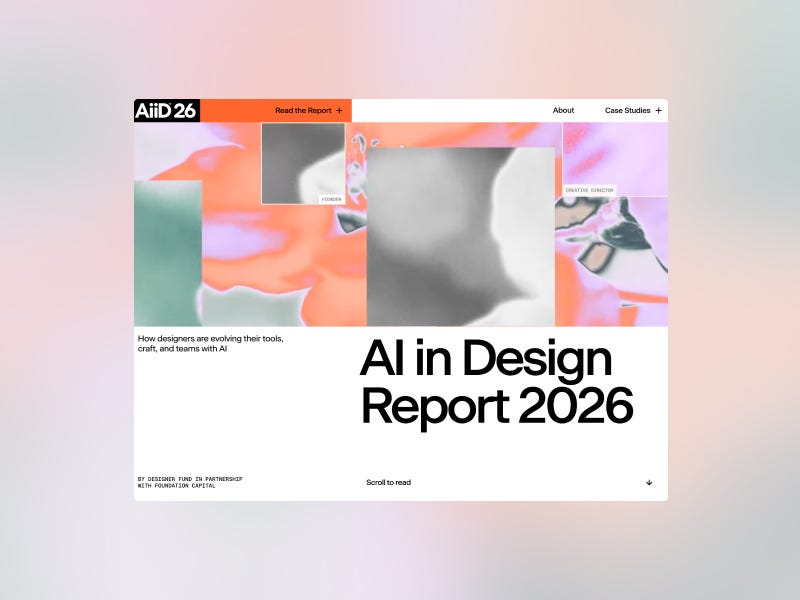 AI in Design Report 2026 landing page featuring soft abstract gradients in pink, orange, and silver tones, combined with bold black typography and a minimal editorial-style layout.