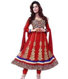 Prafful Red Embroidered Faux Georgette Unstitched Suit With Dupatta