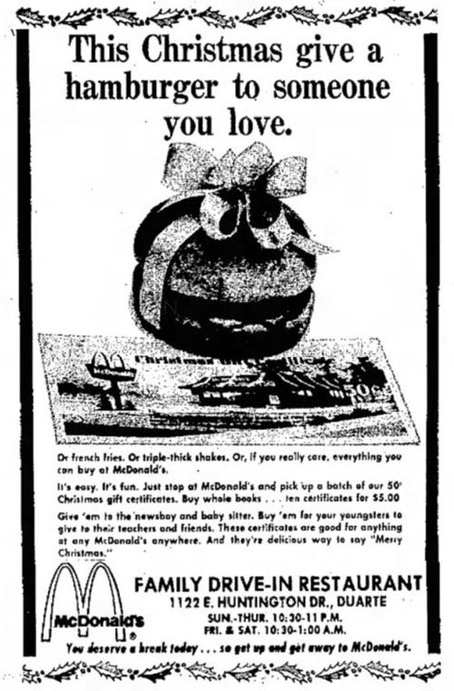 An Early Mcdonald S Ad For Its Gift Certificates Via The Arcadia Tribune