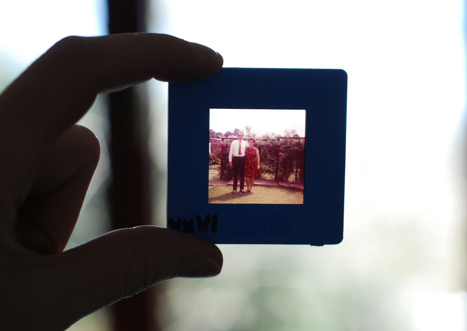 A person holds a traditional slide (with a couple from decades ago) in their hand.