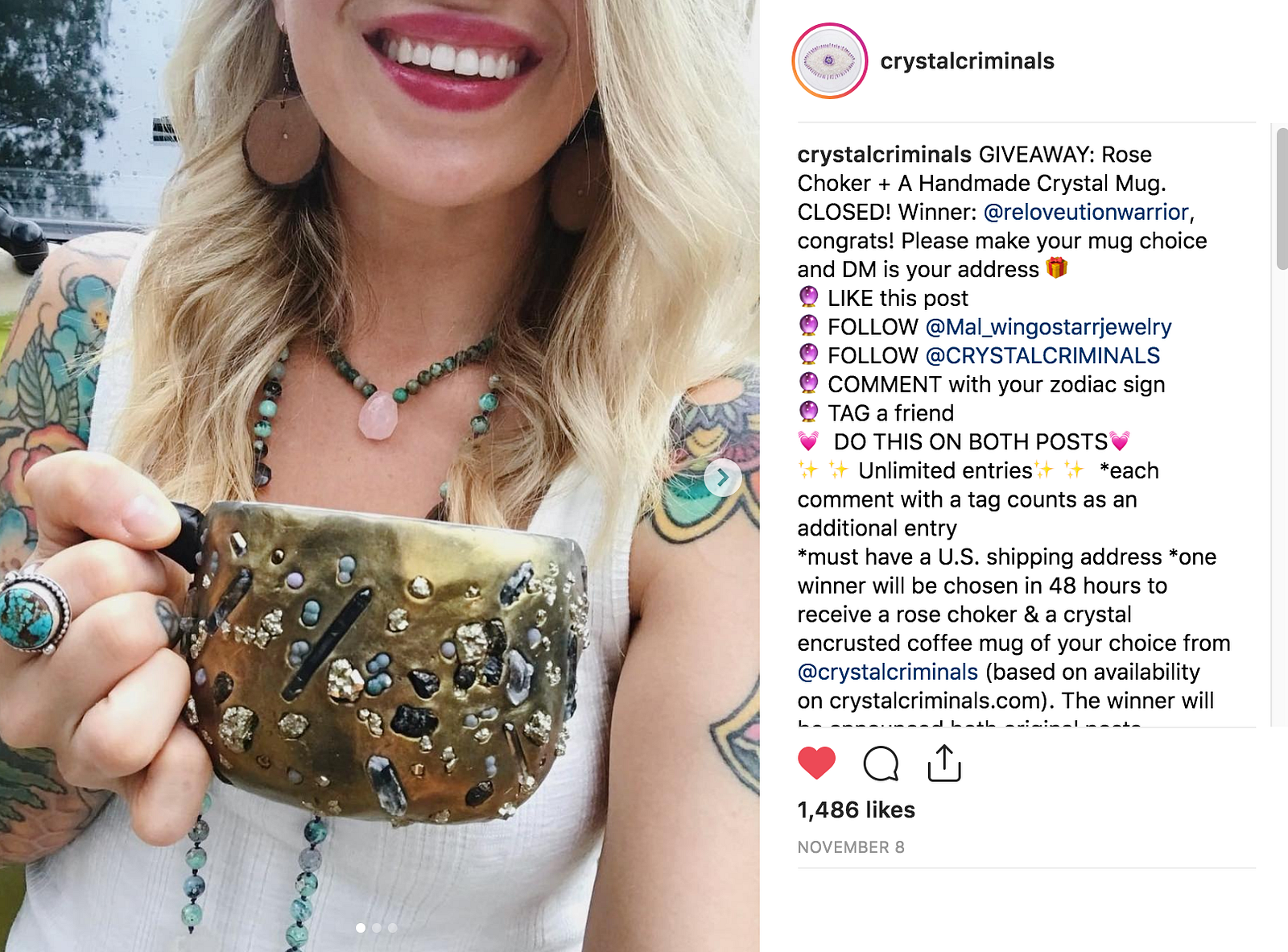 giveaway co host mal wingostarrjewelry crystal etsy artist and holistic mom 247k followers at the start of the giveaway - how to get instagram followers etsy