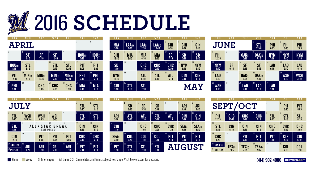 Brewers Announce Complete Schedule for 2016; Updated Schedule Includes