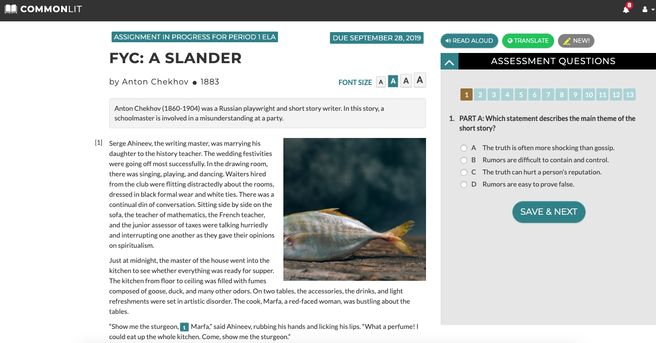 "FYC: A Slander" by Anton Chekhov lesson with Assessment Questions highlighted.