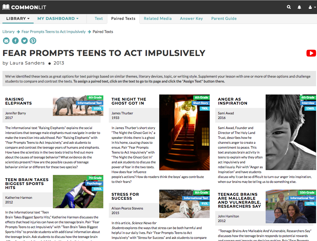The Paired Texts tab for "Fear Prompts Teens to Act Impulsively."