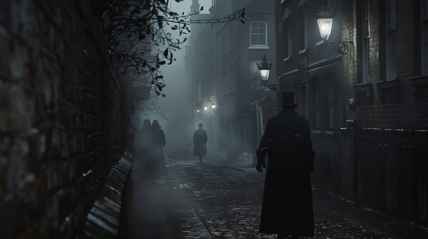 A foggy, gaslit alley in Victorian London where a cloaked figure is chased by another shadowy character, AI generated image, created with Midjourney.