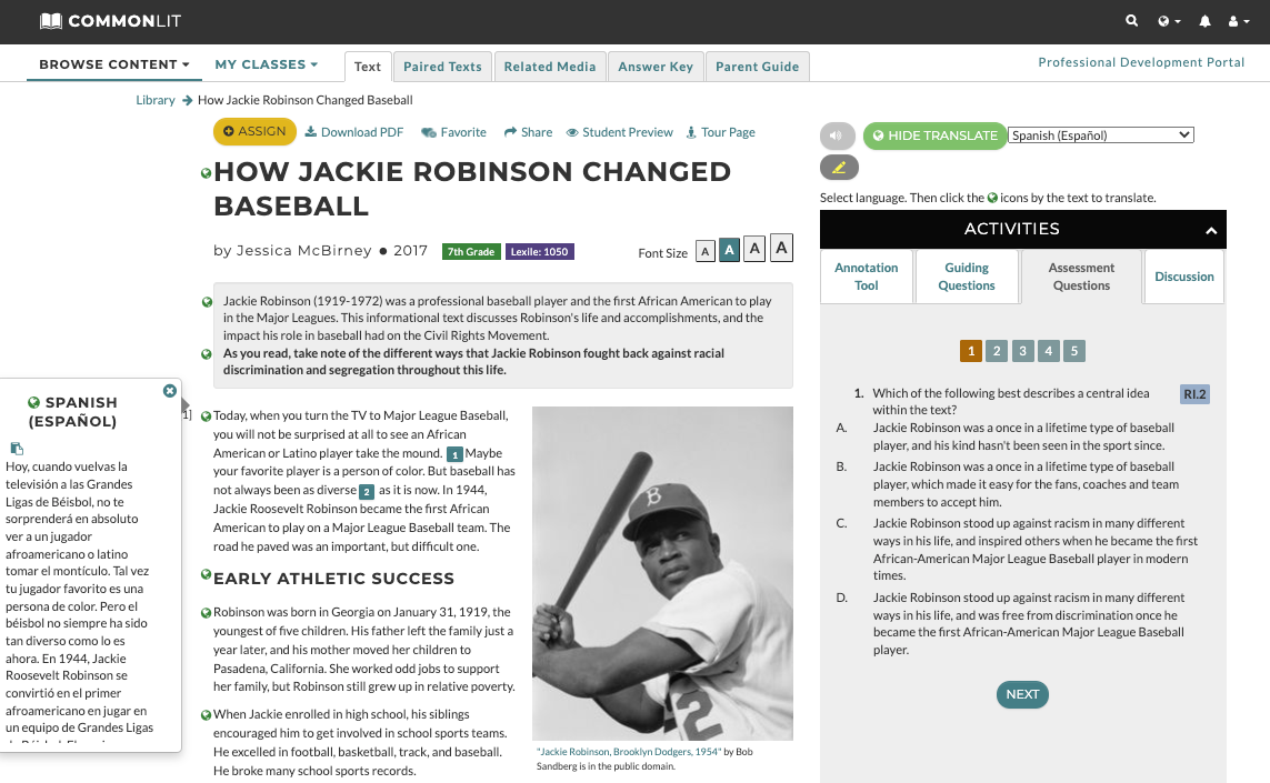 The CommonLit lesson "How Jackie Robinson Changed Baseball" with the Translation tool enabled in Spanish.