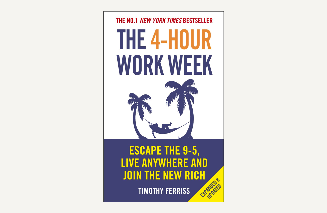 A picture of the cover of “The 4-hour Work Week” by Tim Ferriss—sillhouette of a person on a hammock, tied between two palm trees.