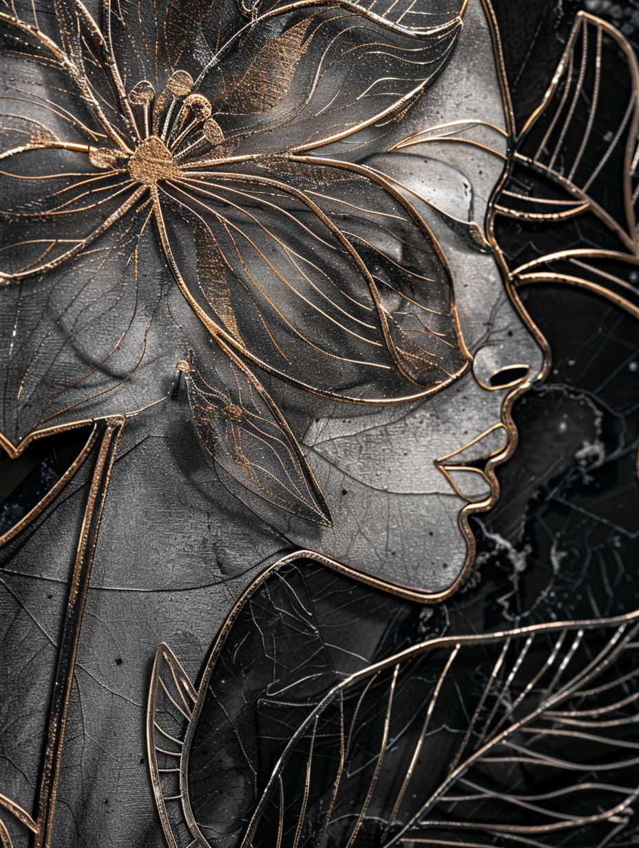 Dreamscape, woman, Delicate botanical line art with a single, blooming flower in metallic foil, created with Midjourney AI generated image.