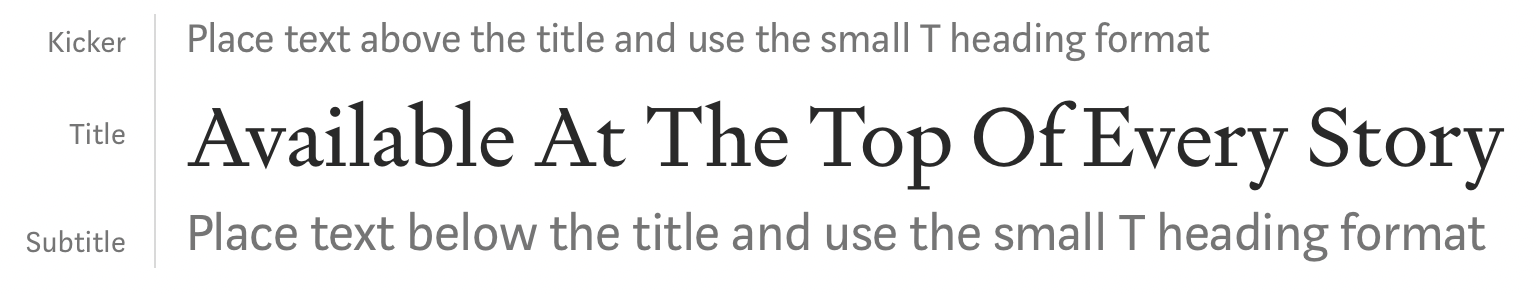 Screenshot that reads: Kicker: Place text above the title and use the small T heading format. Title: Available At The Top Of Every Story. Subtitle: Place text below the title and use the small T heading format.