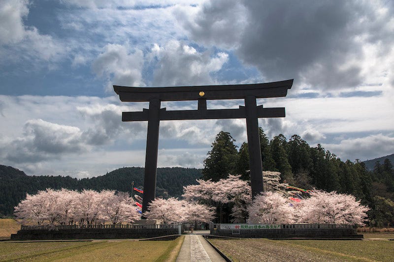 The massive torii gate at Kumano Hongu Taisha, one of the three Kumano Sanzan shrines in Wakayama Prefecture