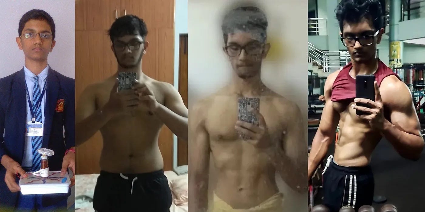 Photos of the author’s transformation from skinny fat to fat to skinny to ripped