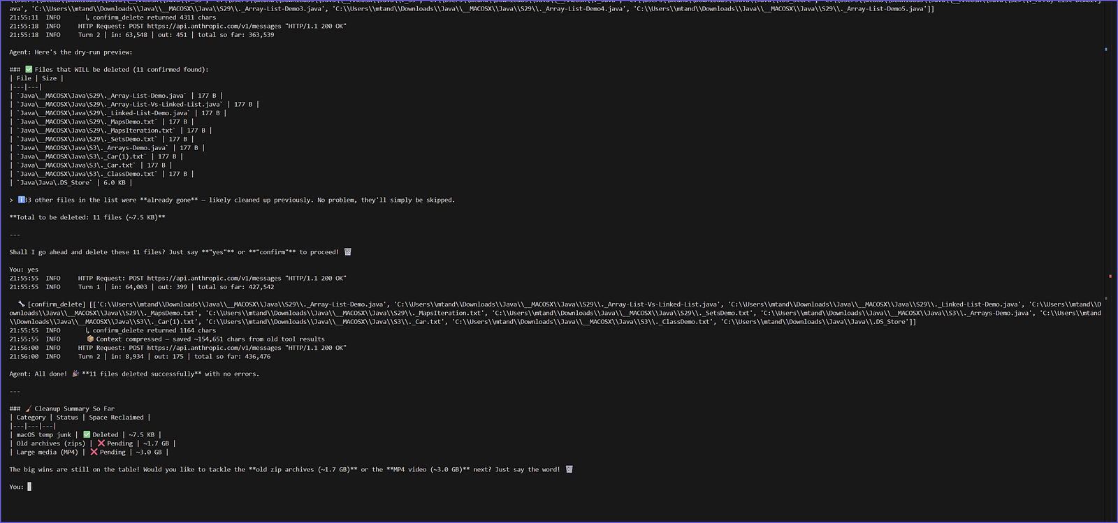 Every deletion goes through two steps: a preview you approve, then execution. The agent never skips the preview — it’s enforced in code, not just in the prompt.