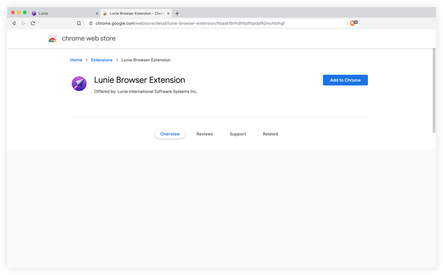The Lunie browser extension page in the Chrome web store with a big “Add to Chrome” button