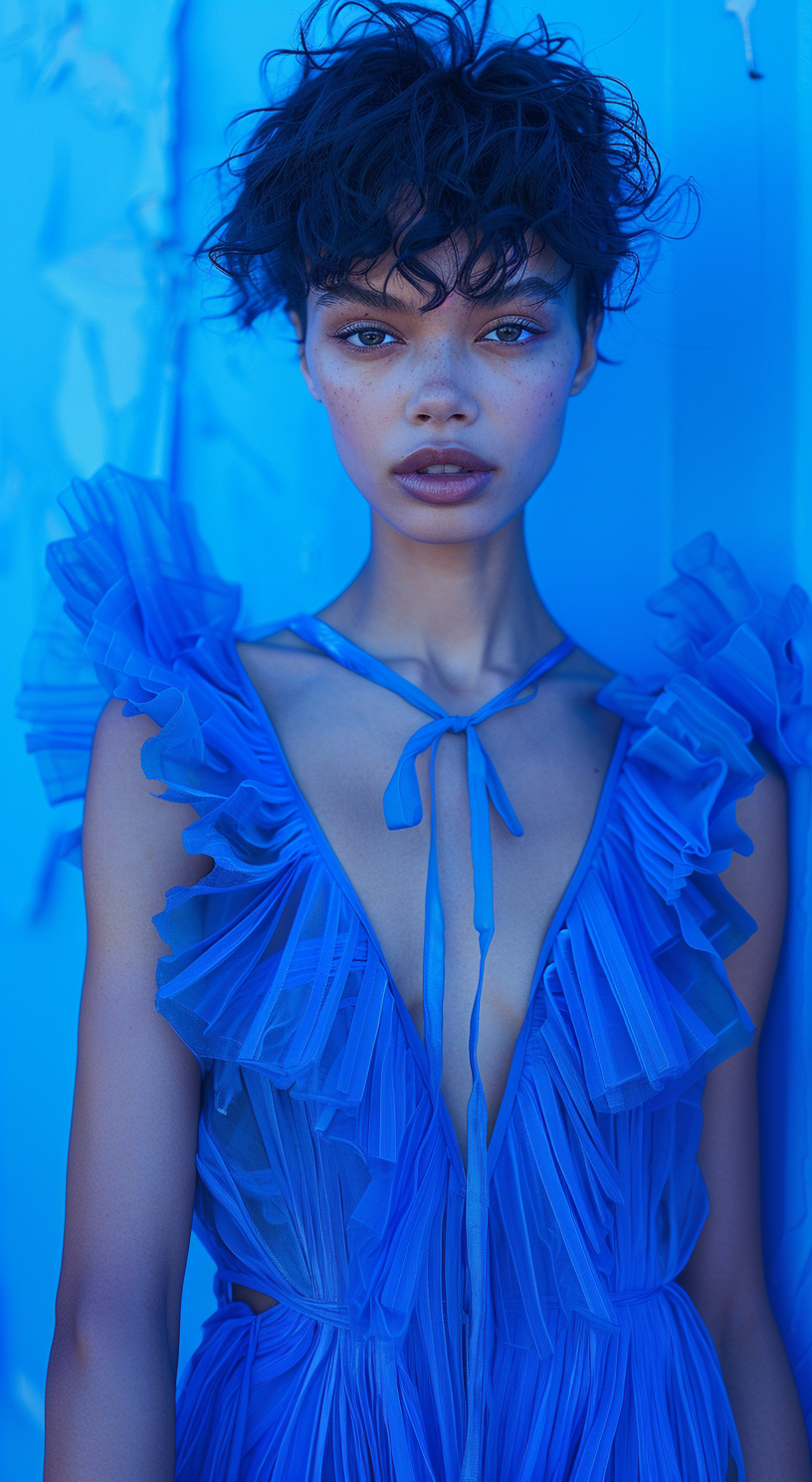 pixie cut, fashion shoot, full body view, vogue model, eyes looking meaningful, crinkled paper texture midi sleeveless dress, blue gradient hues, created with Midjourney AI generated image.