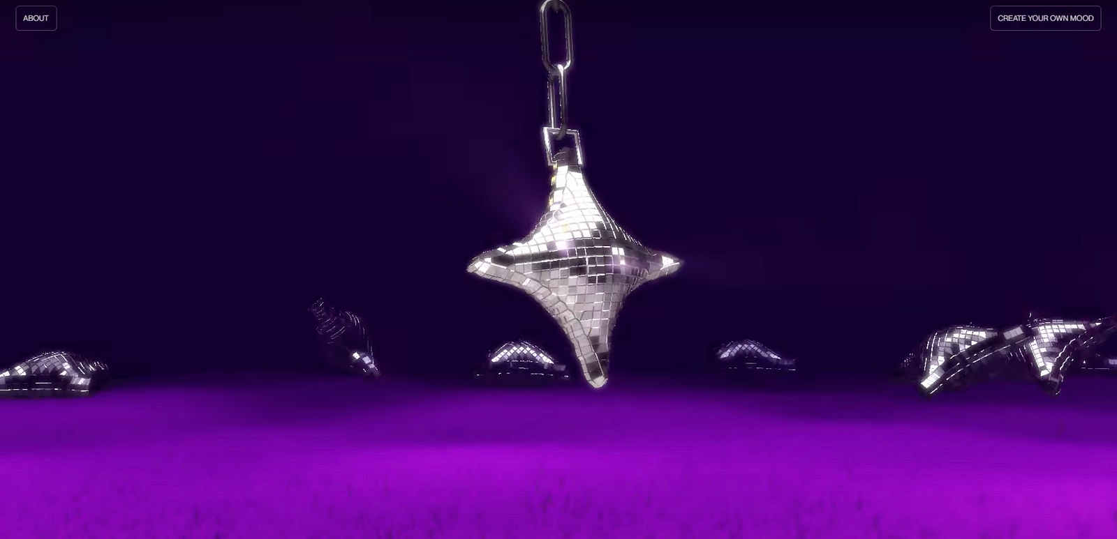 A 3D-rendered mirrored disco star ornament suspended against a purple background, surrounded by abstract reflective shapes and a vibrant purple ground.