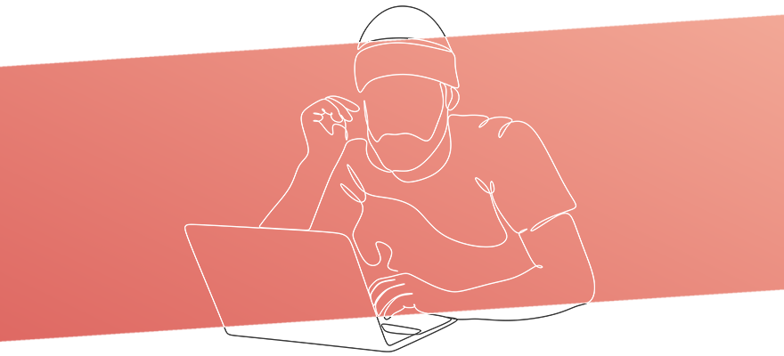 A line-drawn vector illustration of a focused man wearing a beanie as he sits at a desk, engrossed in his laptop. The minimalist portrait features a red, diagonal gradient backdrop. \\ Designed by Dylan “Real Dyl” Roberts (@berealdyl).