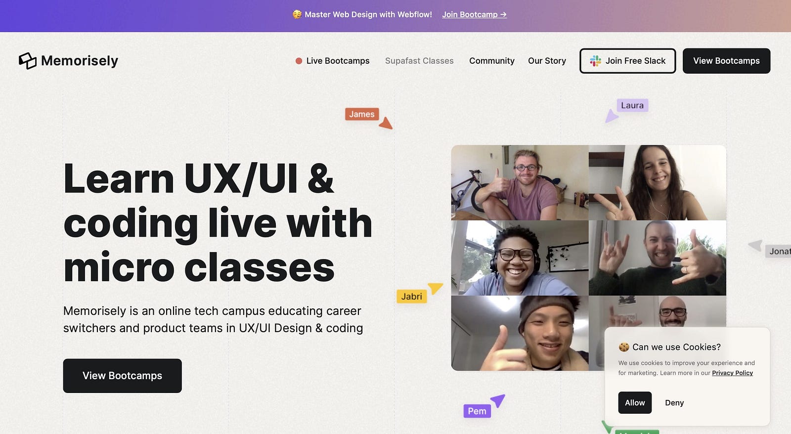 The homepage of Memorisely, a design bootcamp