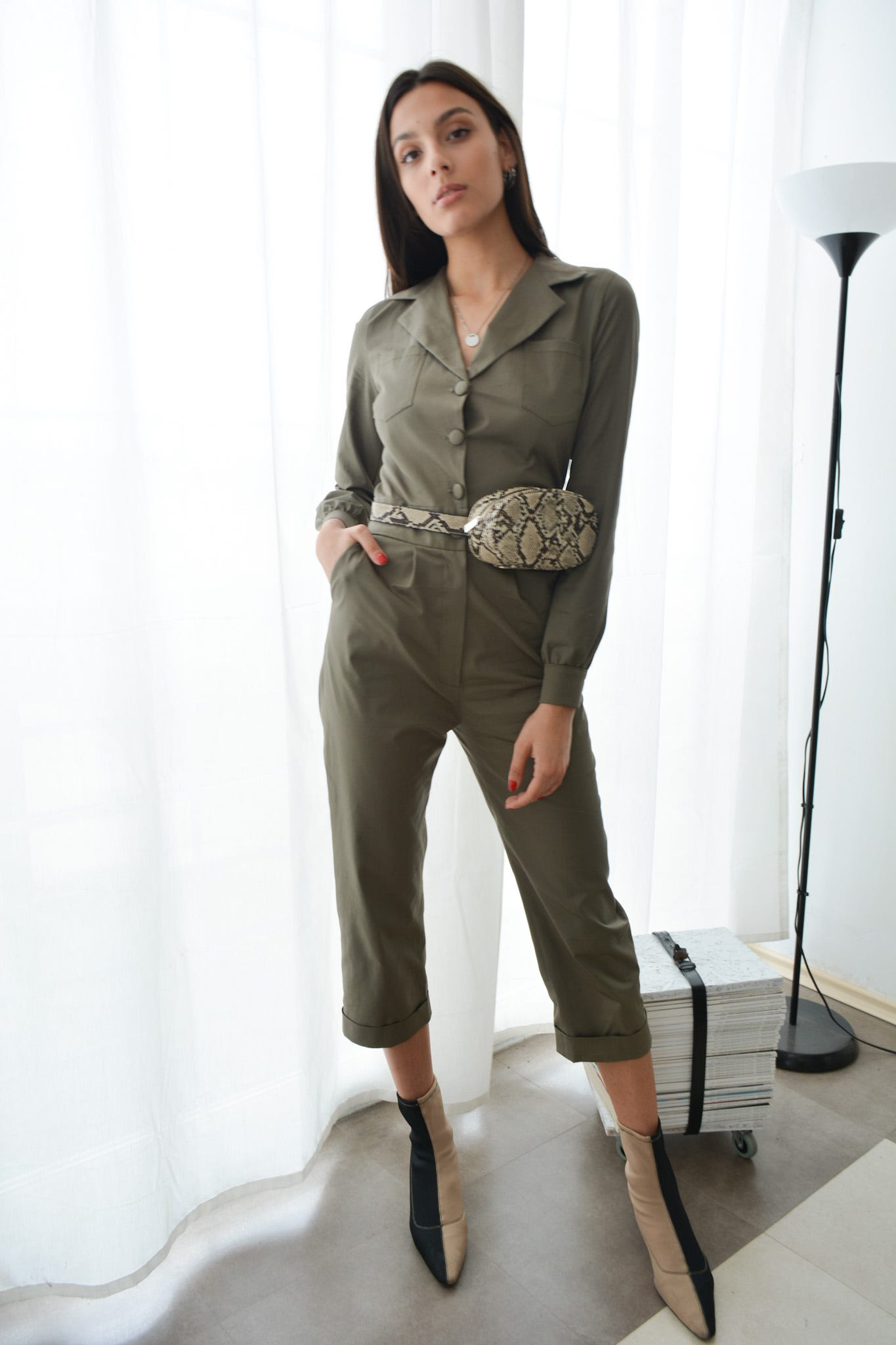 Military olive mid calf jumpsuit with long sleeves