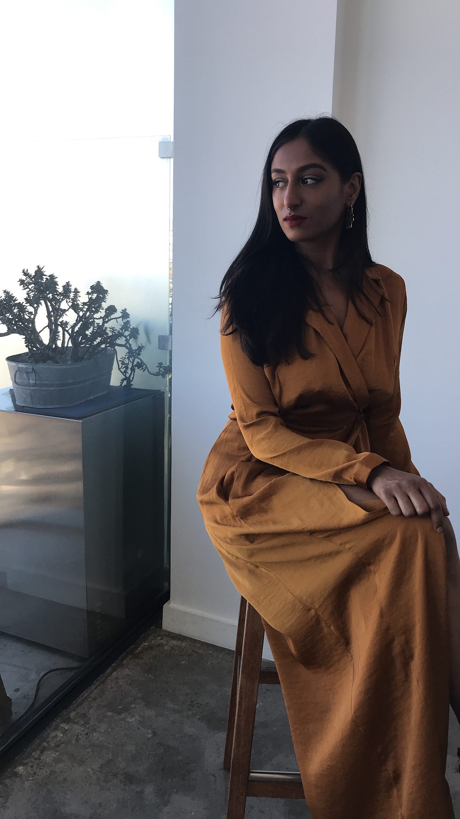 Pavana Reddy, the fierce poet who won our hearts over is wearing the marigold shirt dress by Bastet Noir, photo by: Joshua White