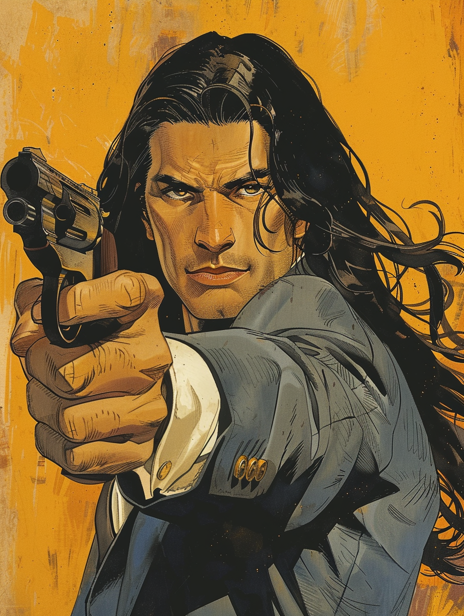 office assistant with long black hair, tan skin, almond shaped eyes and a side grin holding a gun up to his chest, comic book illustration, created with Midjourney AI generated image.