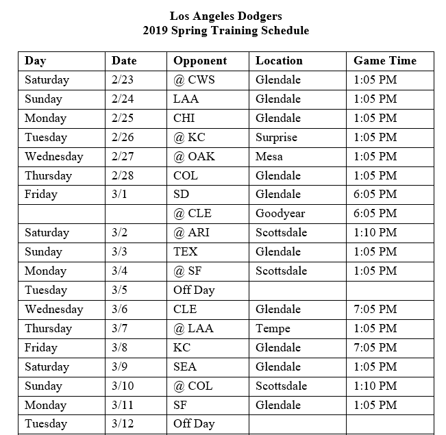 2019 Spring Training schedule announced – Dodger Insider