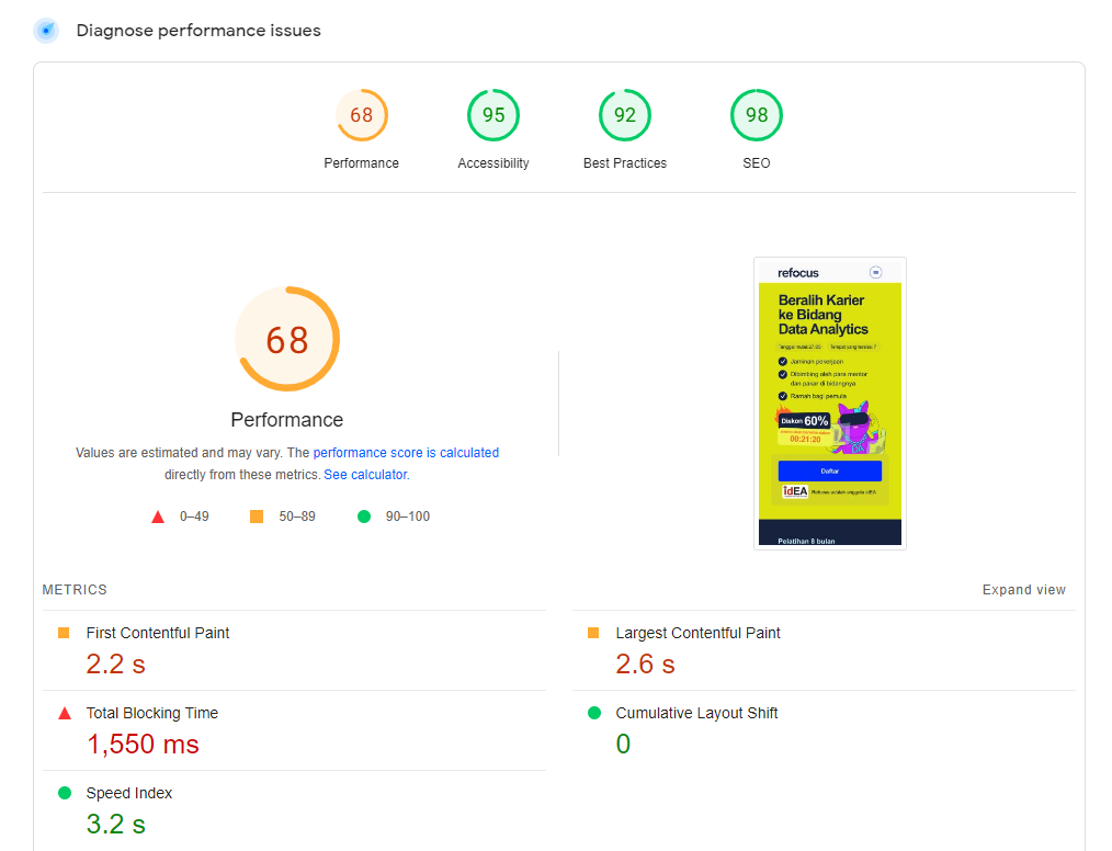 Screenshot from PageSpeed Insights after transferring first landing to Cloudflare