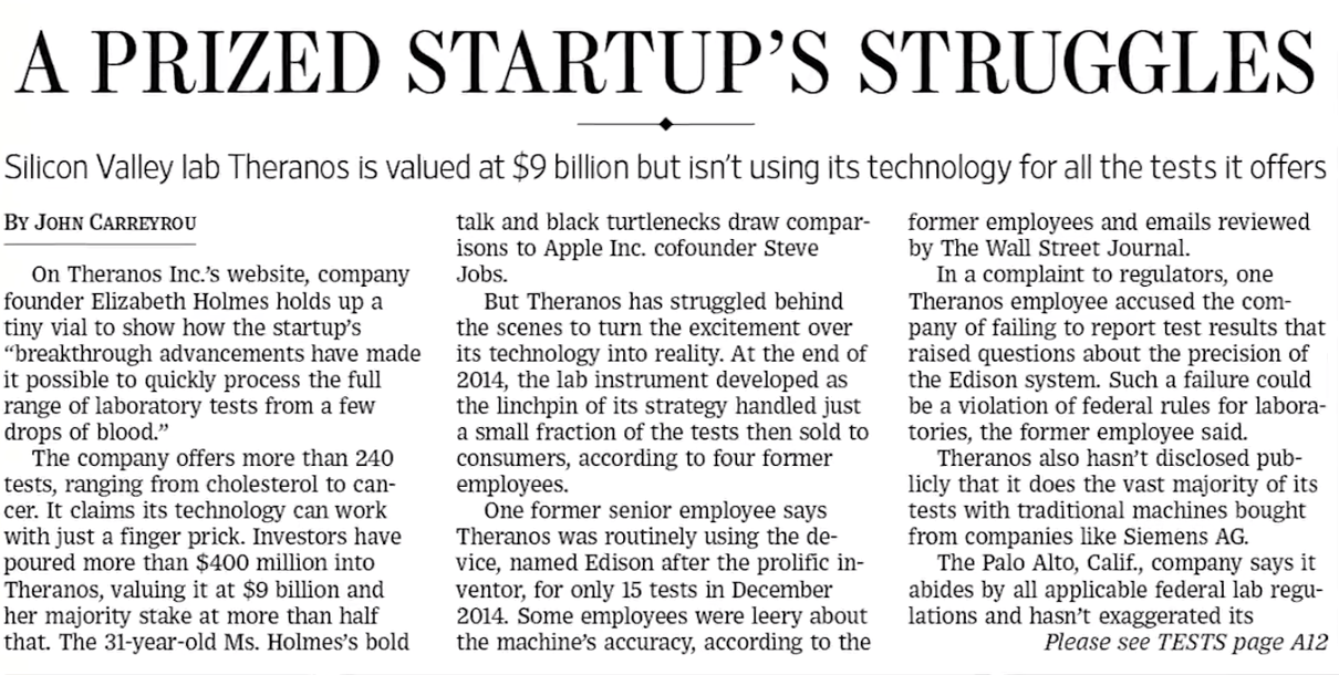 Статья в The Wall Street Journal: Theranos не использует собственную технологию, 2015 г.
