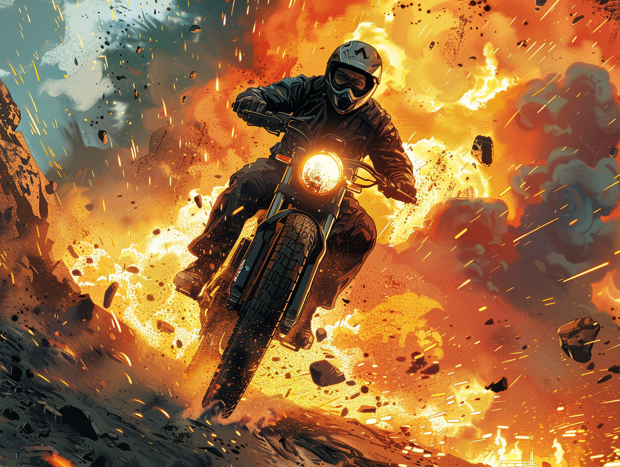 graphic novel poster, featuring a biker, large diagonal sloped panel captures epic action scenes, created with Midjourney AI generated image.