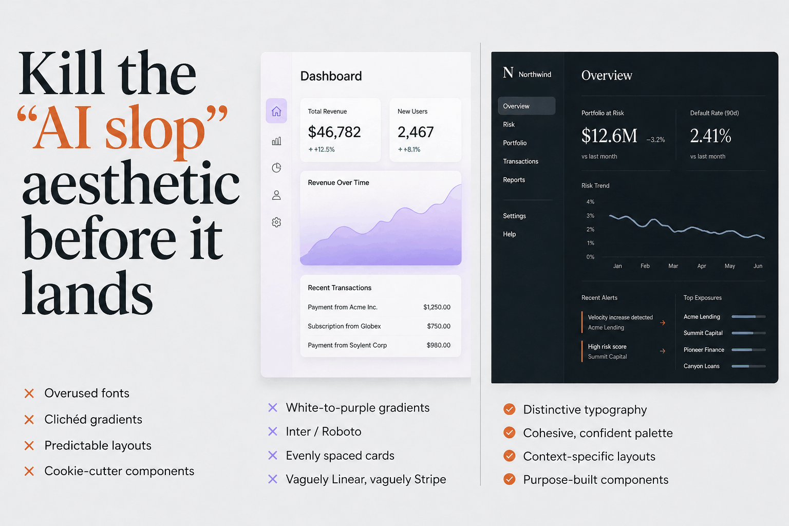 Design comparison graphic with bold headline “Kill the ‘AI slop’ aesthetic before it lands,” showing a generic light dashboard with purple gradients and standard UI patterns versus a refined dark dashboard with distinctive typography, cohesive palette, and purpose-built components, plus bullet points highlighting common design clichés versus better practices.