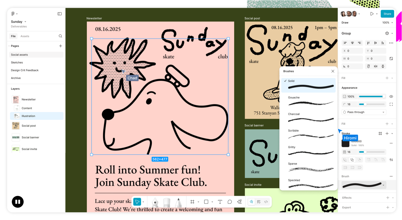 Figma interface showing a drawing editor with brush tools and an illustrated poster design in progress