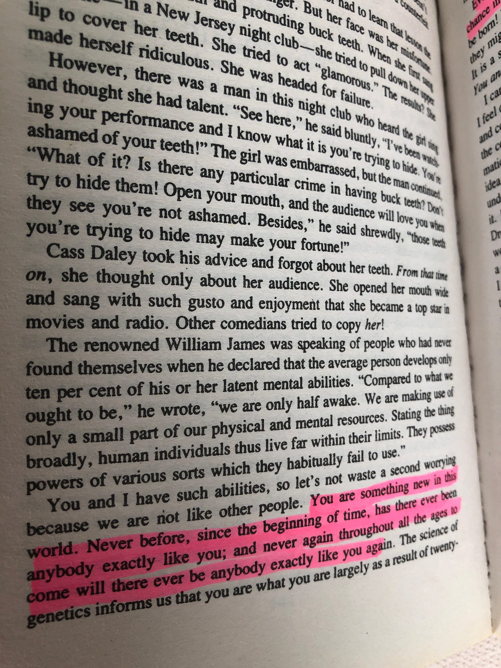 paper back copy of Dale Carnegie’s book with section highlighted in pink. Text reads ‘You are something new in this world.’ and extended quoted section.
