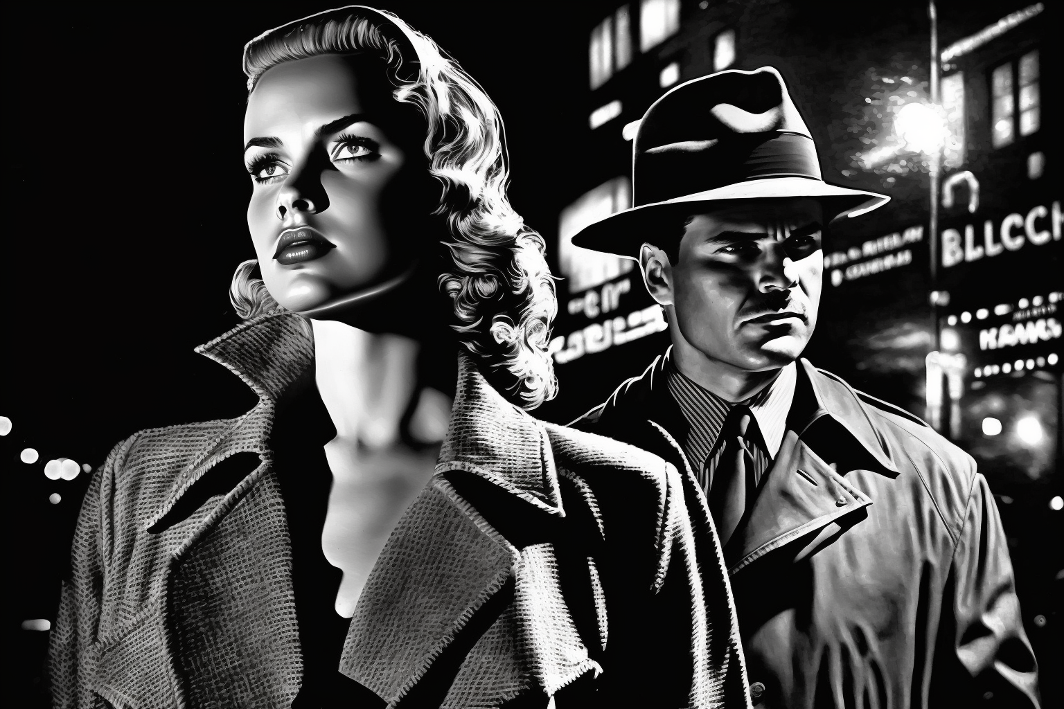 1930s noir femme fatale and detective, on a street at night, image created with Midjourney