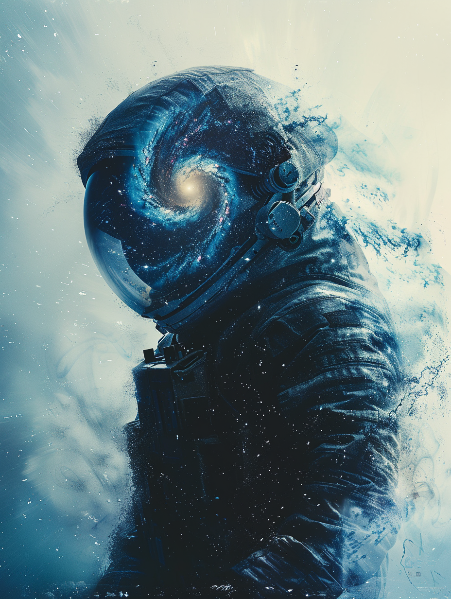 Spiraling galaxy on a silhouetted astronaut, double exposure photography, created with Midjourney AI generated image.