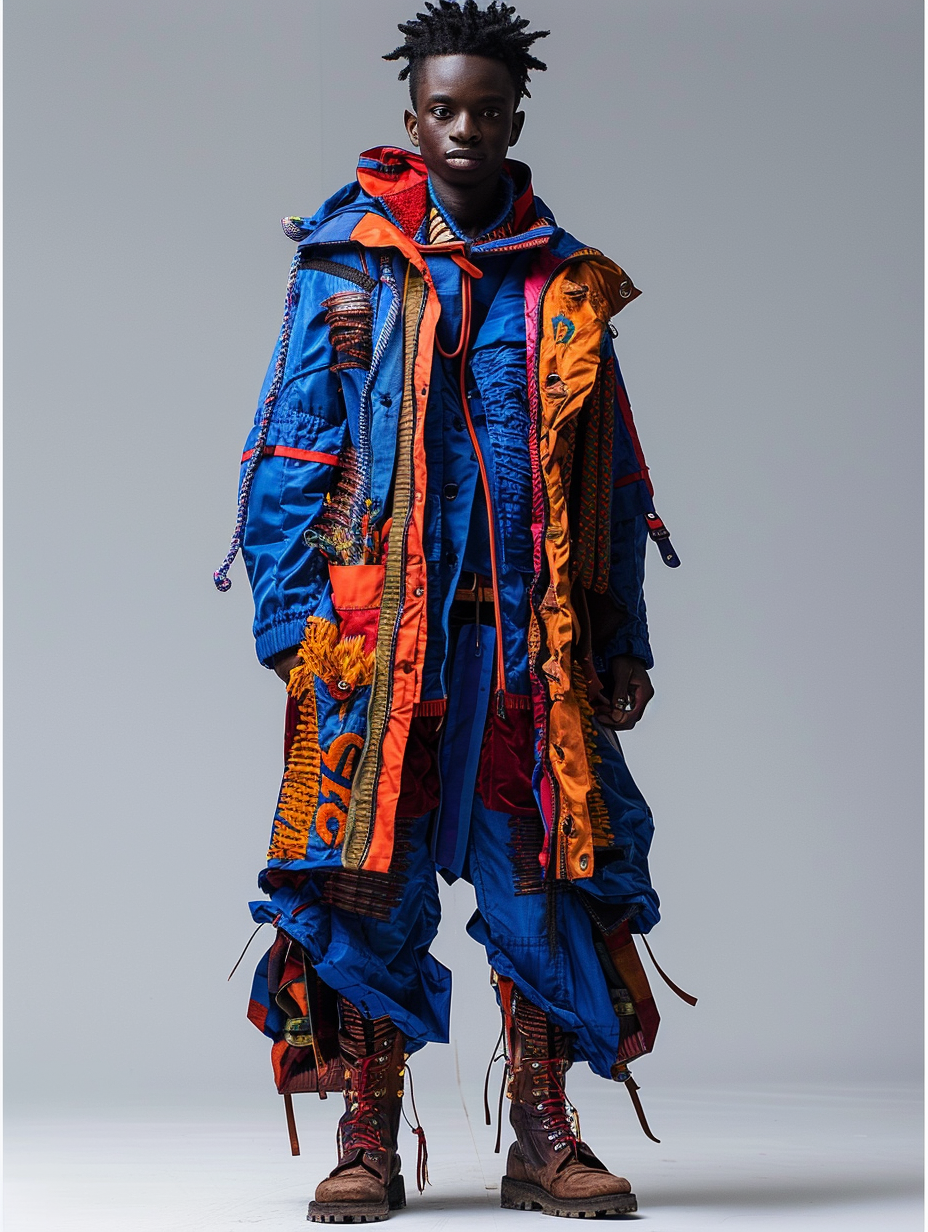 a 27 year old man, studio shot, various textures of fabrics in royal blues and deep orange colors, bold contrasts, wearing layers like a poncho, blue pants with red piping on the sides and used boots, created with Midjourney AI generated image.