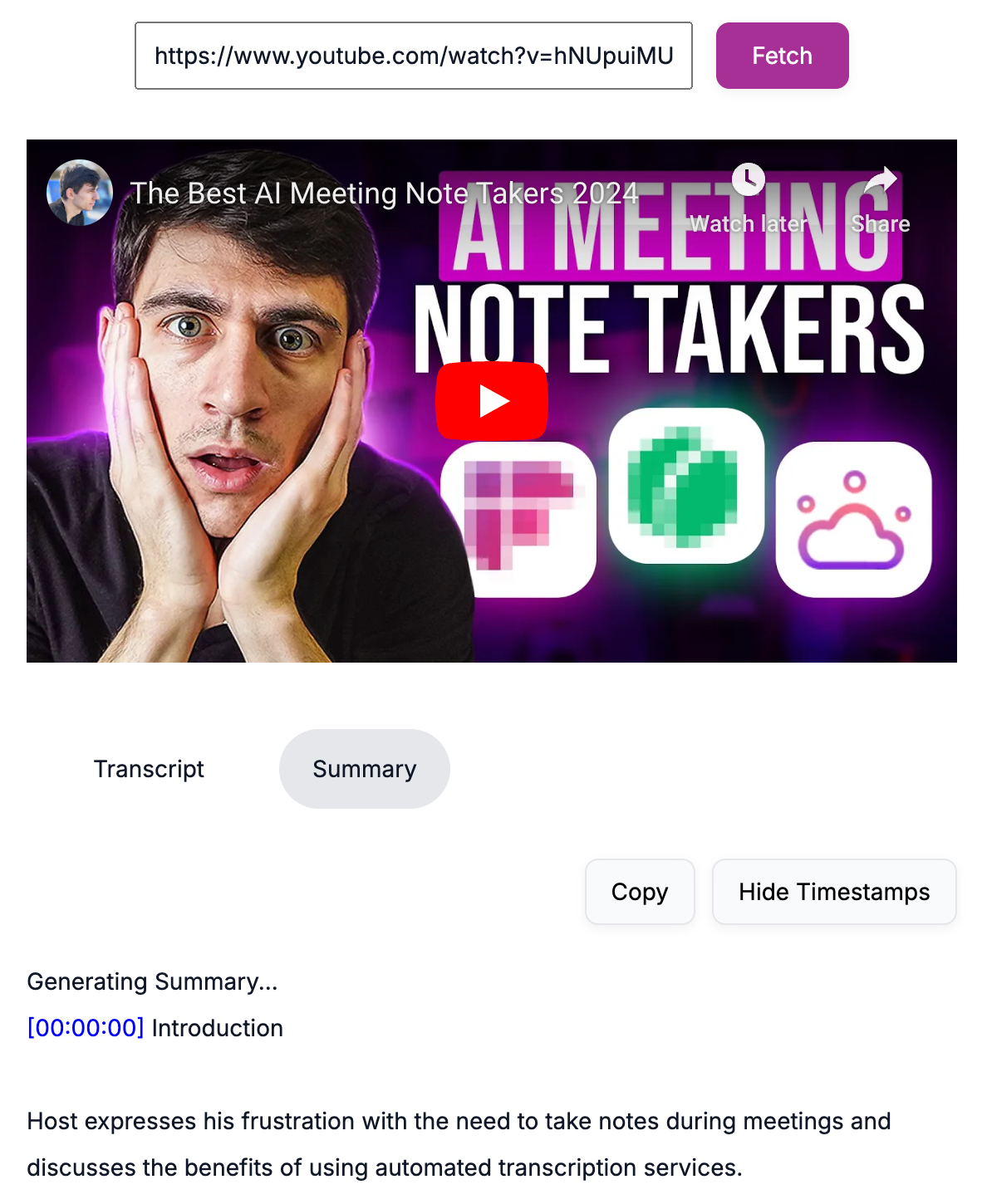 A screenshot of a Youtube Video Notes Taker AI tool
