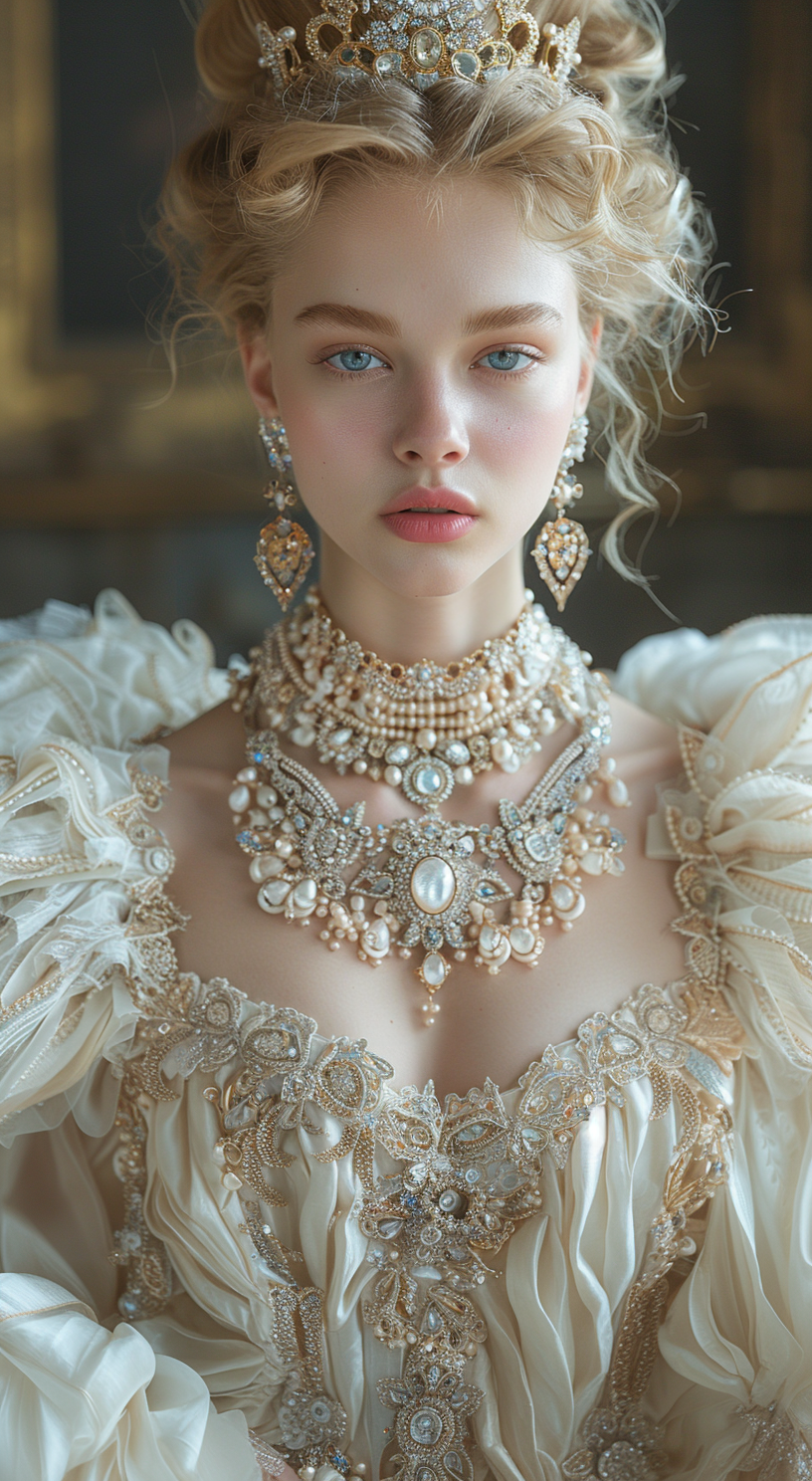 a photo of Marie Antoinette fashion on a model, with crown and a very large necklace of precious stones, rose and light blue colors, full body visible, baroque style, created with Midjourney AI generated image.