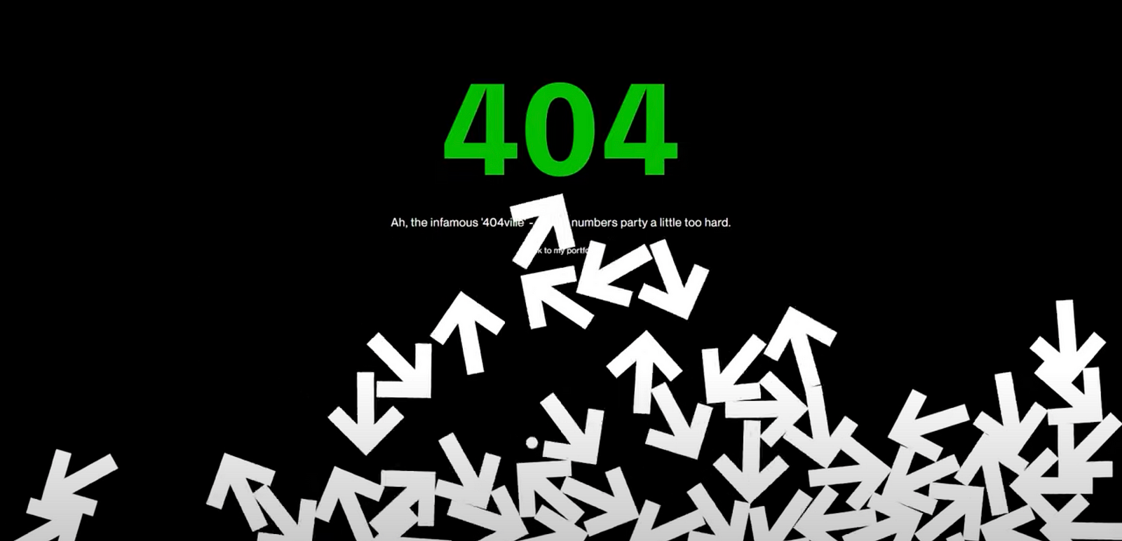 A creative 404 error page with large green “404” text at the top and white arrows at the bottom.